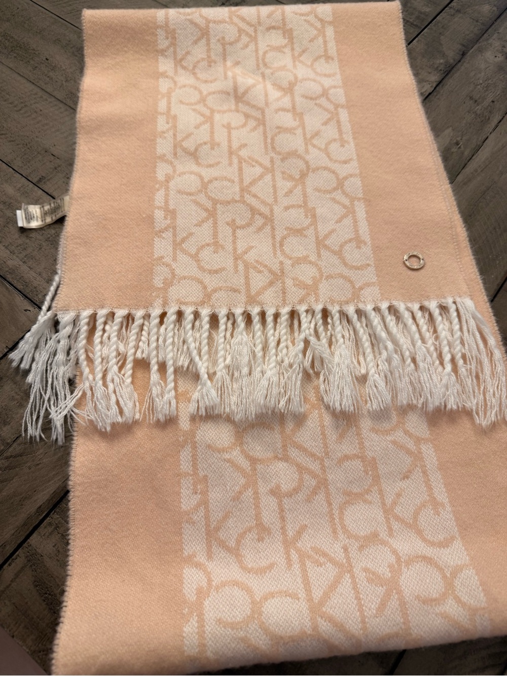 Calvin Klein Peach & Cream Monogram Fringe Scarf